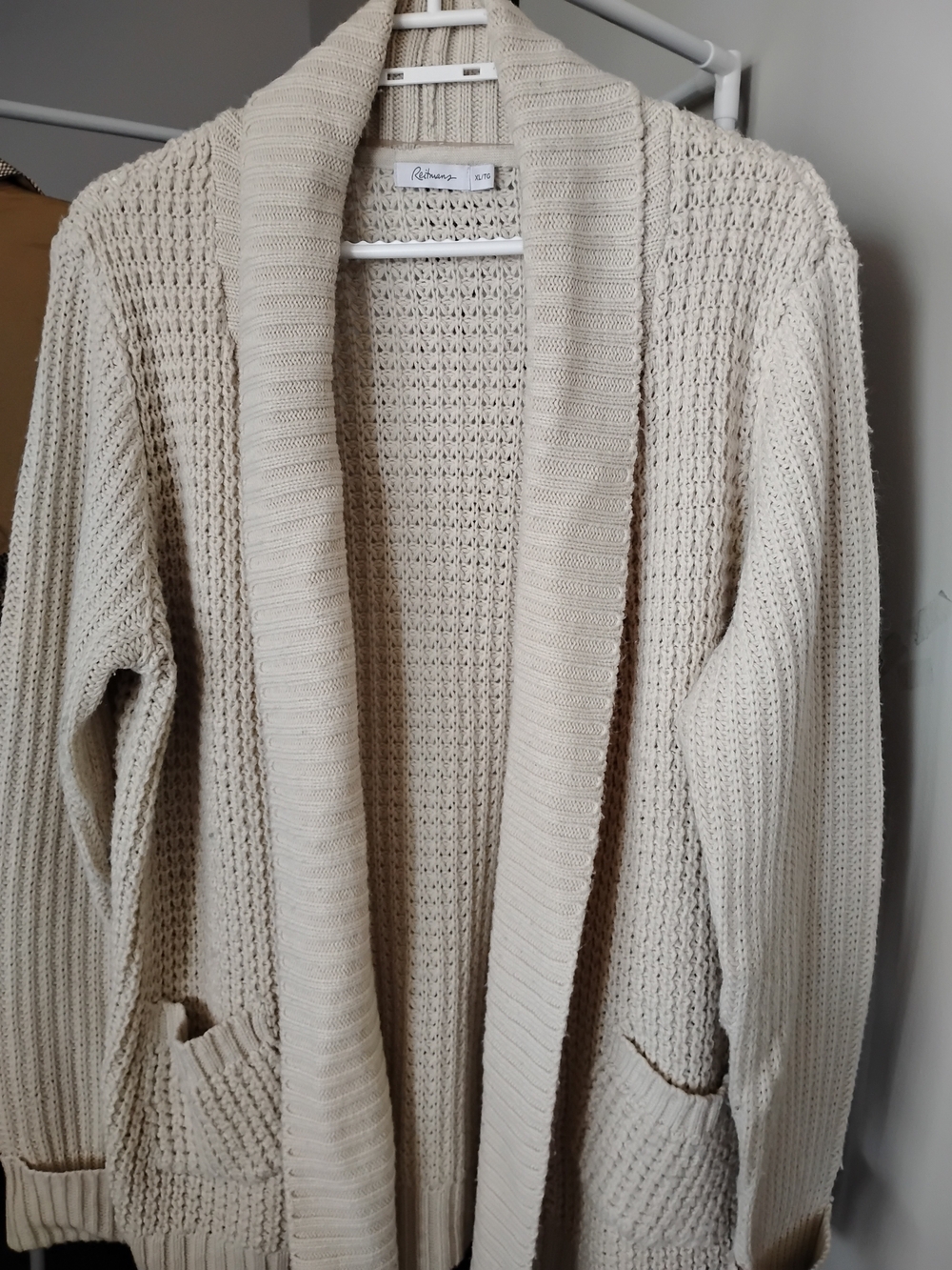 Reitmans Women Cream Open-Front Knit Long Sleeve 2 Pockets Shawl Collar Cardigan